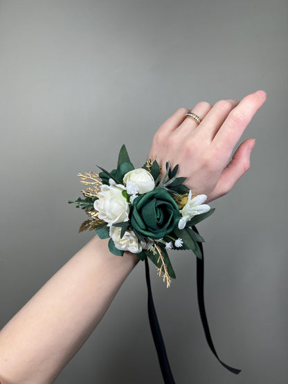 Emerald Green Corsage Wedding White Hunter Green Gold Wrist Corsage Bridesmaids Eucalyptus Dark Greenery Prom Corsage Artificial Flowers
