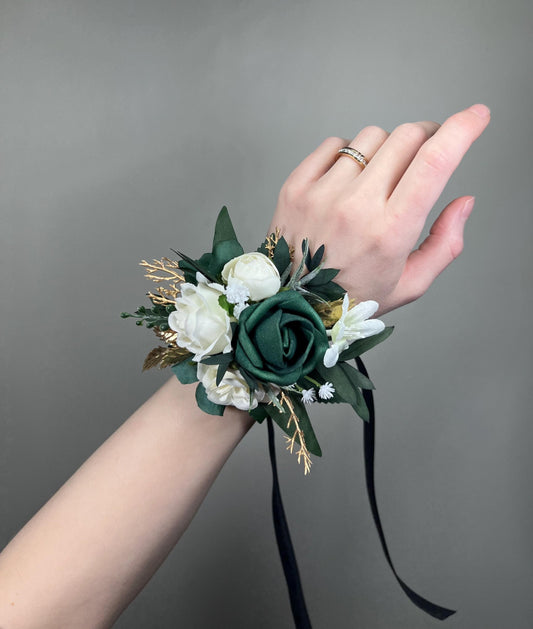 Emerald Green Corsage Wedding White Hunter Green Gold Wrist Corsage Bridesmaids Eucalyptus Dark Greenery Prom Corsage Artificial Flowers