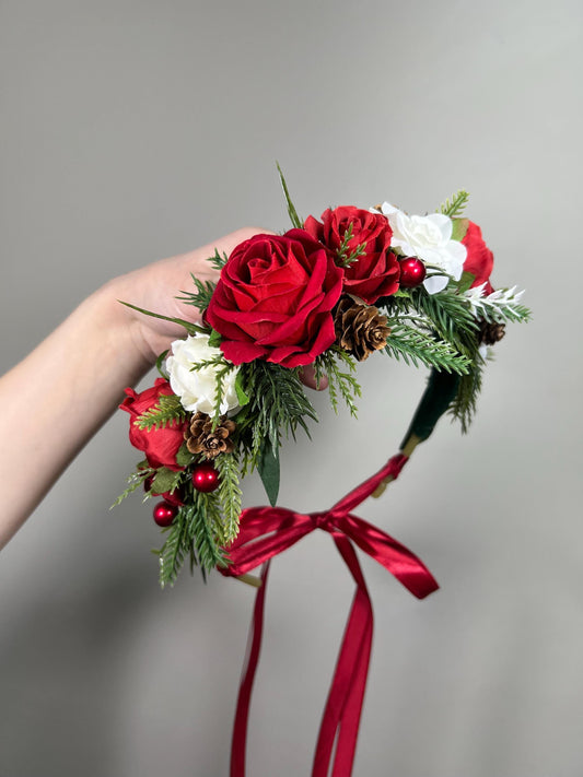 Wedding Flower Crown Red Christmas Crown Wedding Floral Headband Flower White Adult Crown Flower Girl Wreath Winter Hair Accessories