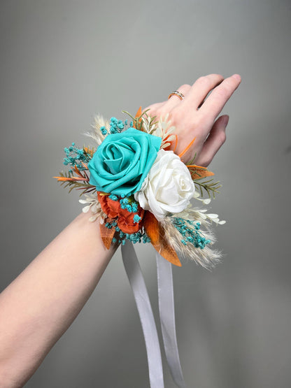 Orange Turquoise Boutonnière Wedding Groom Burnt Orange Terracotta Groomsmen Boutonnière Teal Blue Rust Baby Breath Artificial Flowers