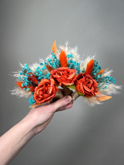 Turquoise Terracotta Corsage Wedding White Burnt Orange Teal Blue Aqua Wrist Corsage Bridesmaids Boho Rust Pampas Grass Artificial Flowers
