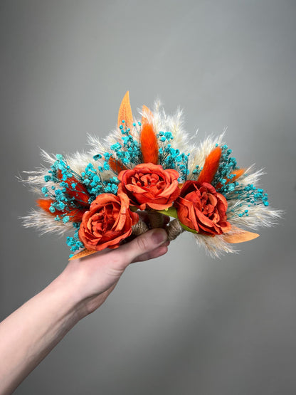Turquoise Terracotta Bouquet Wedding Bridal Boho Teal Blue Aqua Burnt Orange Bridesmaids Pampas Grass Bouquet White Artificial Flowers
