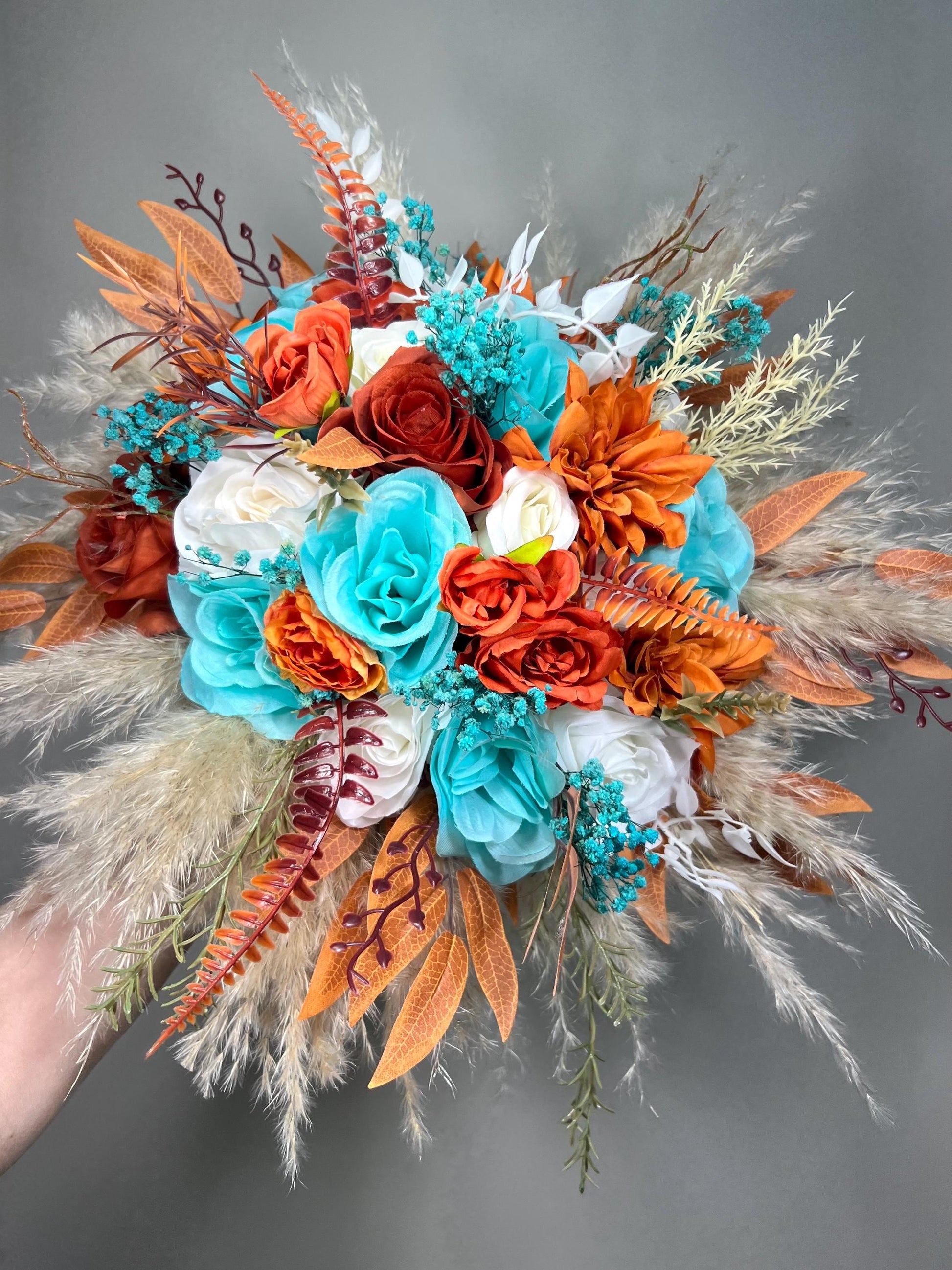 Turquoise Terracotta Bouquet Wedding Bridal Boho Teal Blue Aqua Burnt Orange Bridesmaids Pampas Grass Bouquet White Artificial Flowers