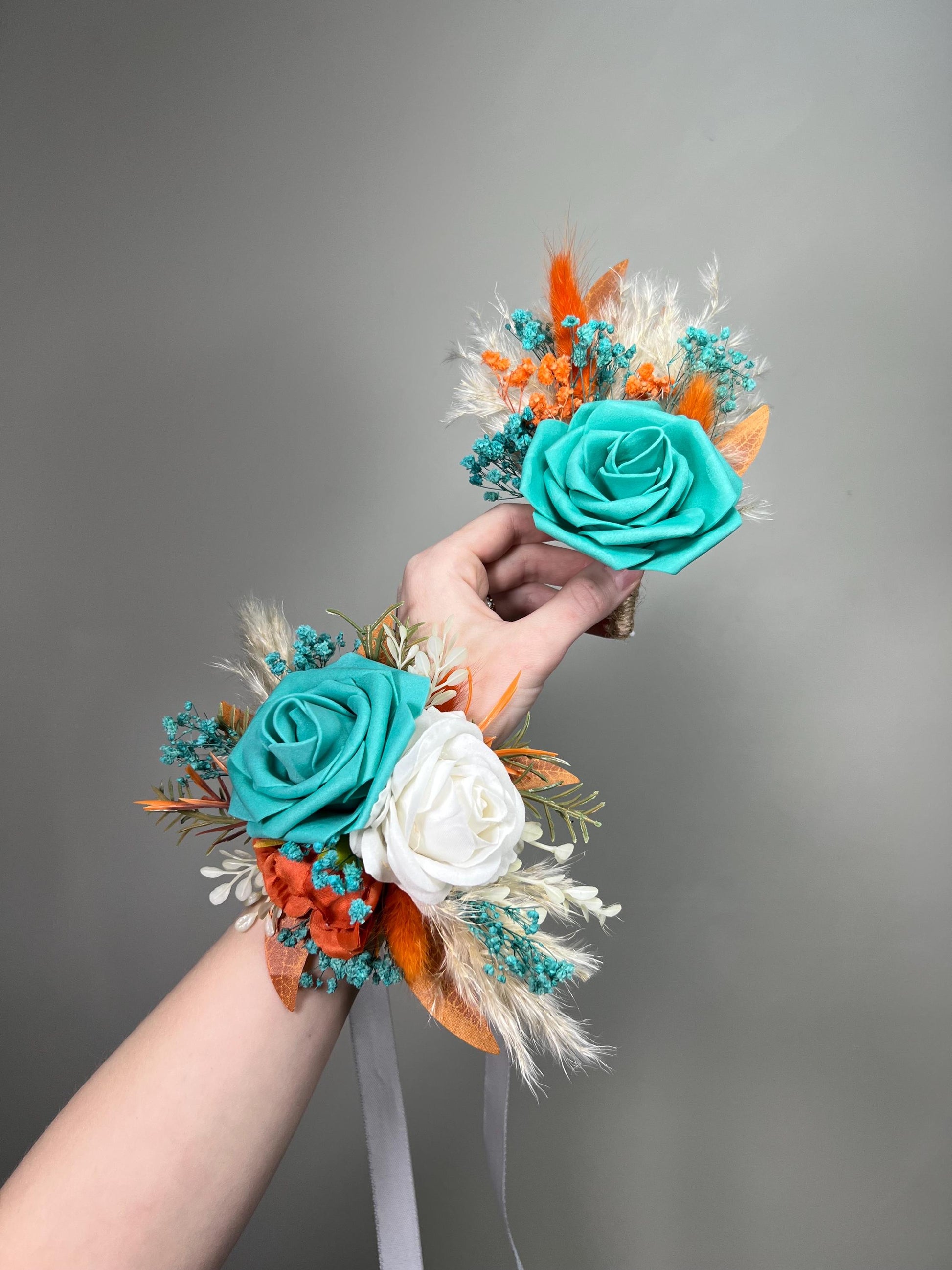 Turquoise Terracotta Bouquet Wedding Bridal Boho Teal Blue Aqua Burnt Orange Bridesmaids Pampas Grass Bouquet White Artificial Flowers