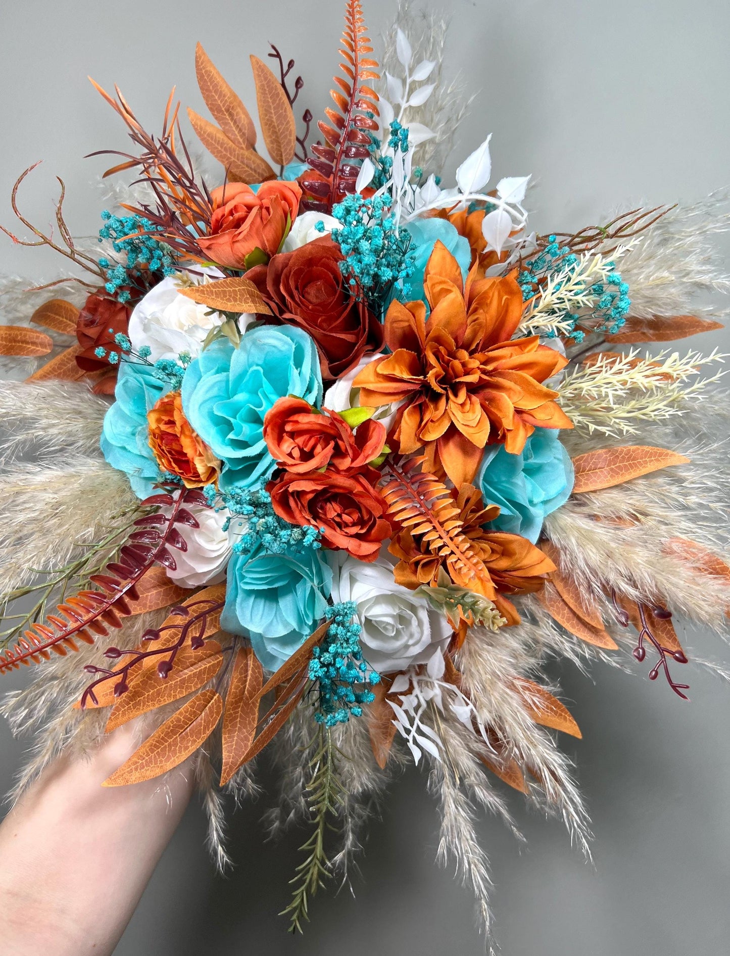 Turquoise Terracotta Bouquet Wedding Bridal Boho Teal Blue Aqua Burnt Orange Bridesmaids Pampas Grass Bouquet White Artificial Flowers