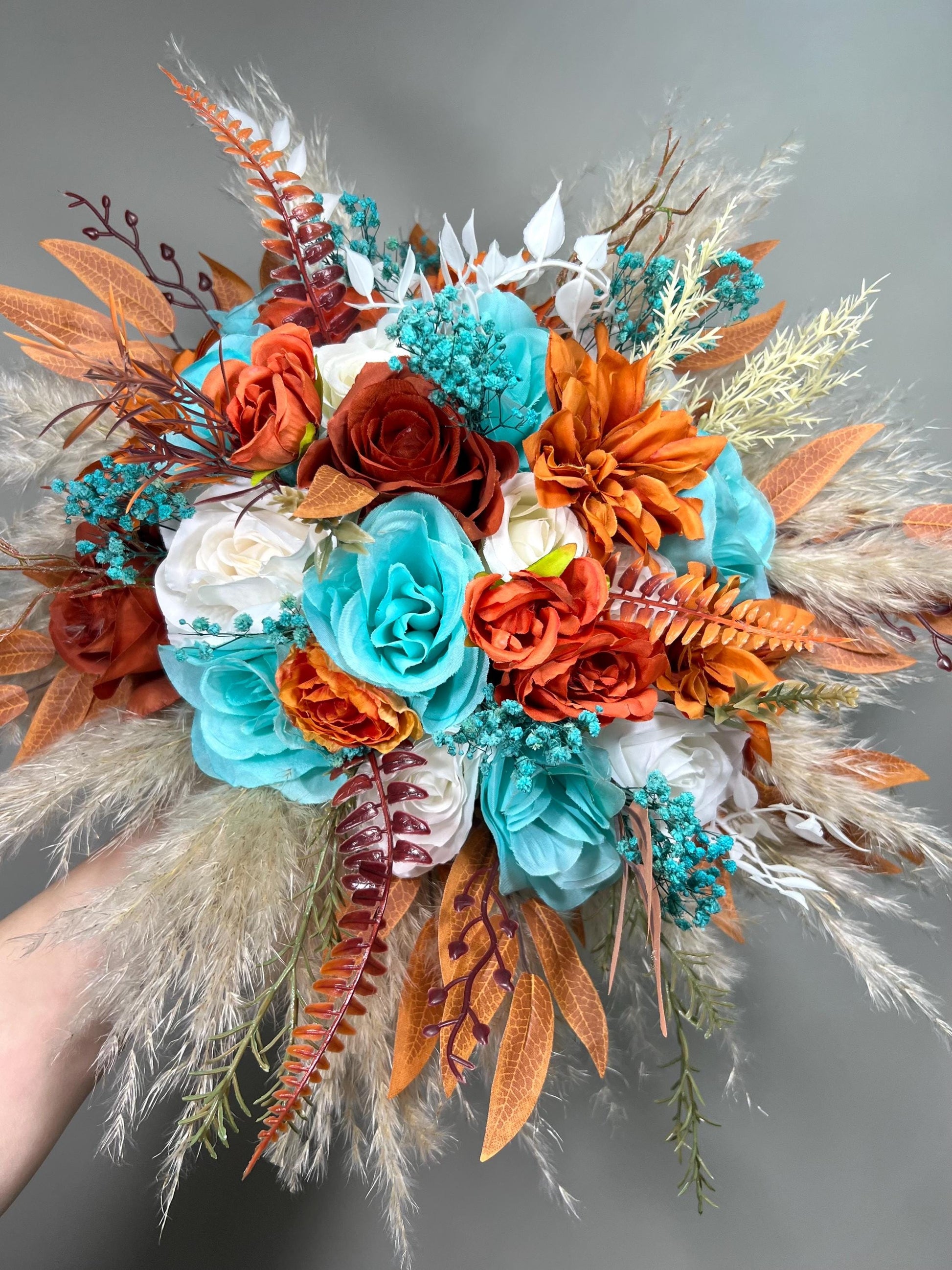 Turquoise Terracotta Bouquet Wedding Bridal Boho Teal Blue Aqua Burnt Orange Bridesmaids Pampas Grass Bouquet White Artificial Flowers