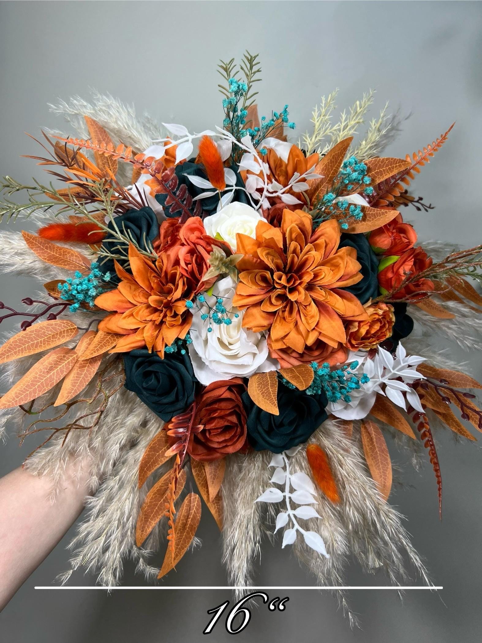 Orange Teal Bouquet Wedding Bridal Boho Terracotta Dark Teal Blue White Bridesmaids Bouquet Pampas Grass Rust Fall Bouquet Artificial