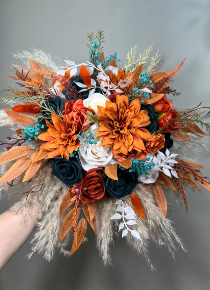 Orange Teal Bouquet Wedding Bridal Boho Terracotta Dark Teal Blue White Bridesmaids Bouquet Pampas Grass Rust Fall Bouquet Artificial