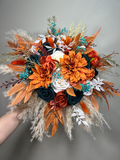 Orange Teal Bouquet Wedding Bridal Boho Terracotta Dark Teal Blue White Bridesmaids Bouquet Pampas Grass Rust Fall Bouquet Artificial