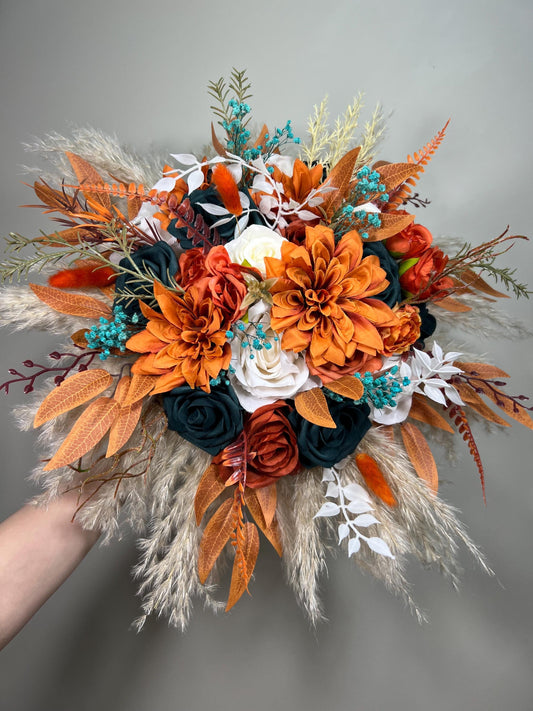 Orange Teal Bouquet Wedding Bridal Boho Terracotta Dark Teal Blue White Bridesmaids Bouquet Pampas Grass Rust Fall Bouquet Artificial