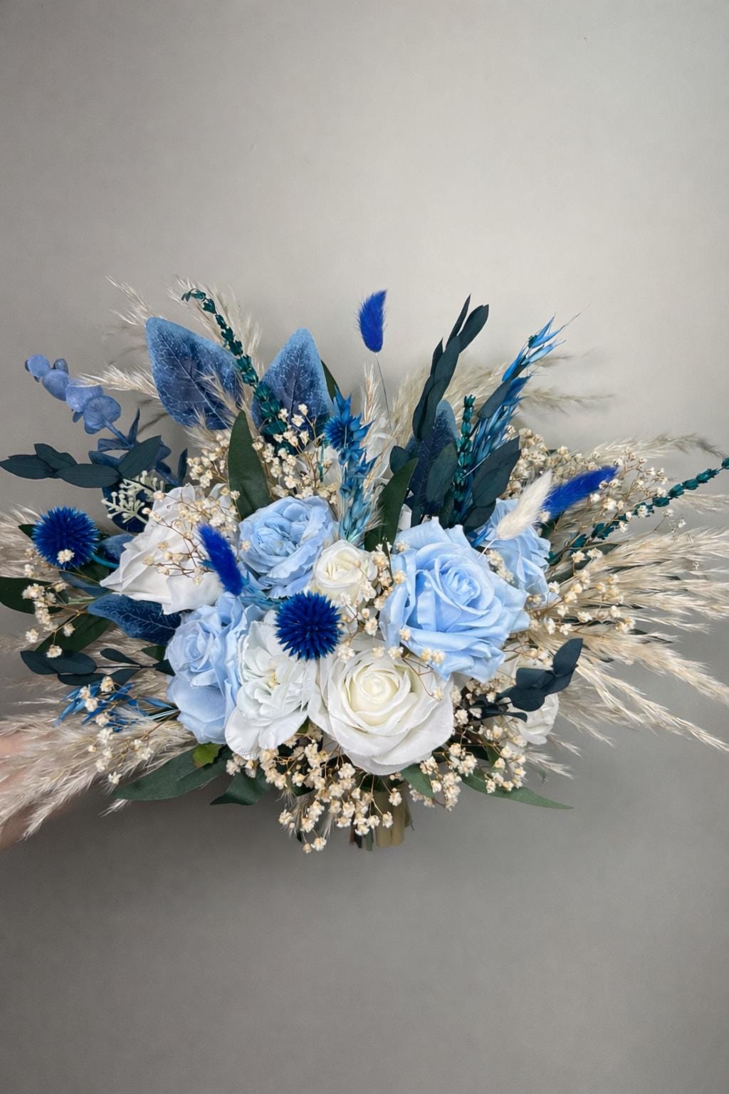 White Blue Bouquet Bridal Wedding Boho Sky Blue Baby Pampas Grass Baby Breath Eucalyptus Bridesmaids Bouquet Ivory Blue Artificial Flowers