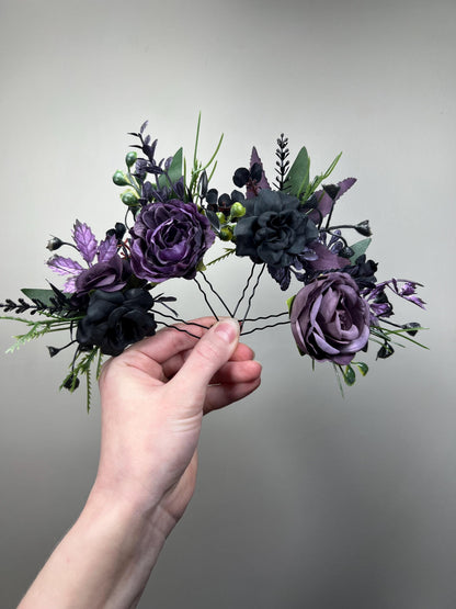 Black Purple Hair Pin Gothic Wedding Hair Accessories Plum Black Dark Green Forest Bridesmaids Hairpiece Dakr Purple Artificial Flowers