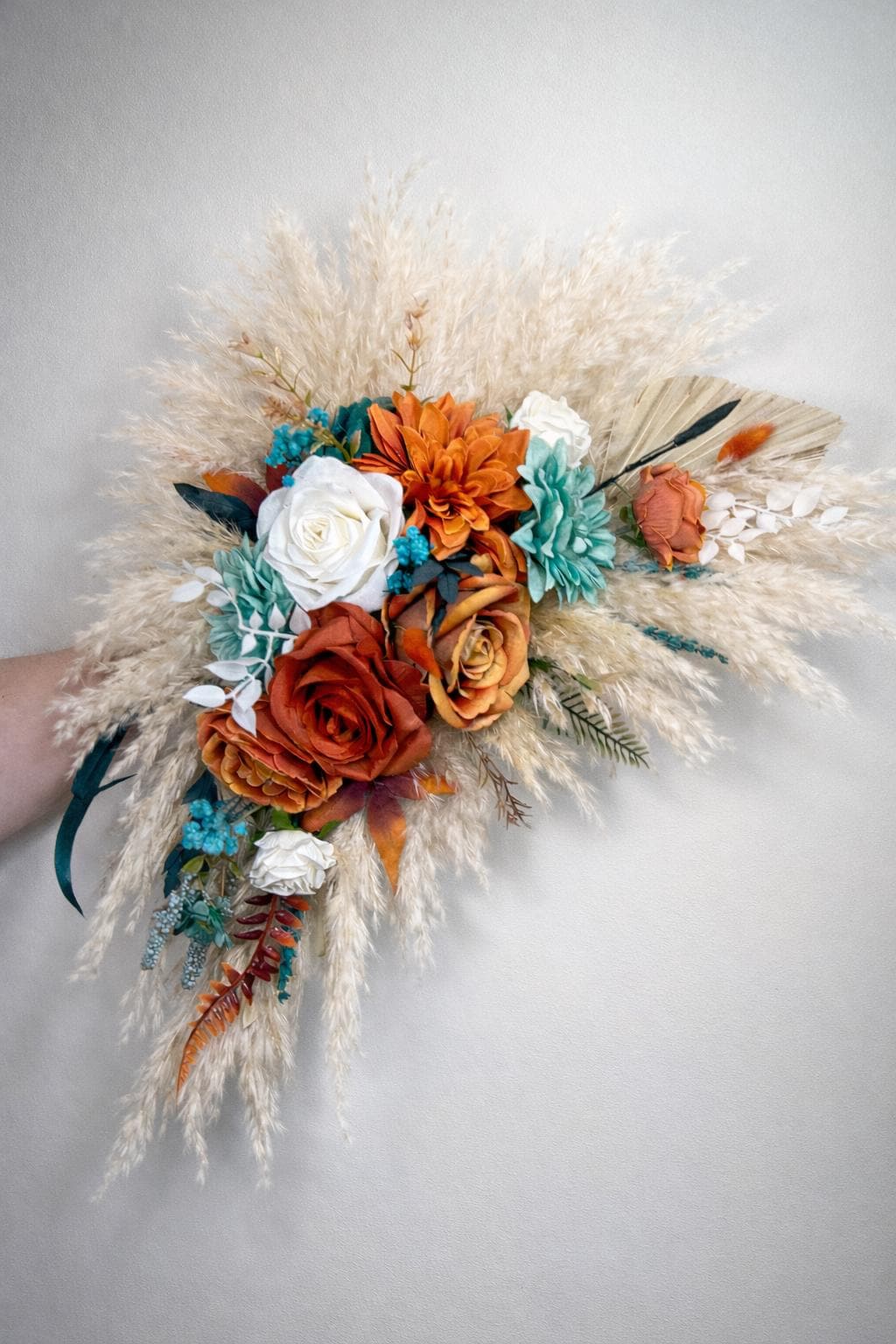 White Orange Turquoise Arch Arrangements Wedding Boho Burnt Orange Terracotta Teal Blue Arbor Arrangements Pampas Grass Rust Artificial