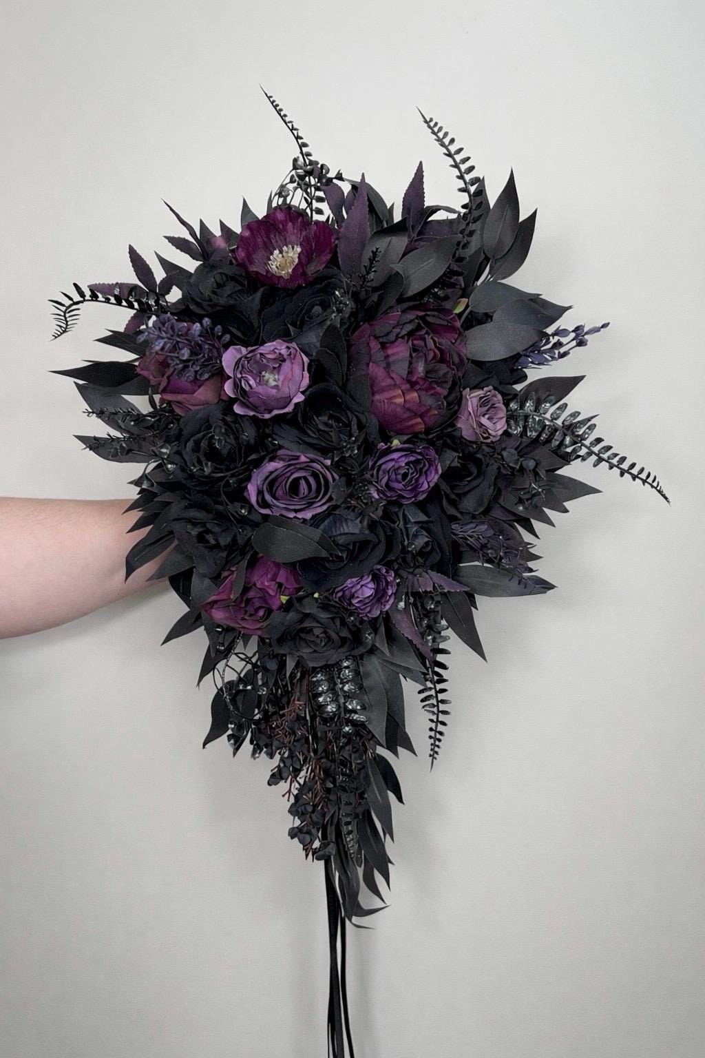 Black Dark Purple Bouquet Wedding Bridal Cascading Gothic Bouquet Black Plum Cascade Bridesmaids Bouquet Peony Eggplant Artificial Flowers