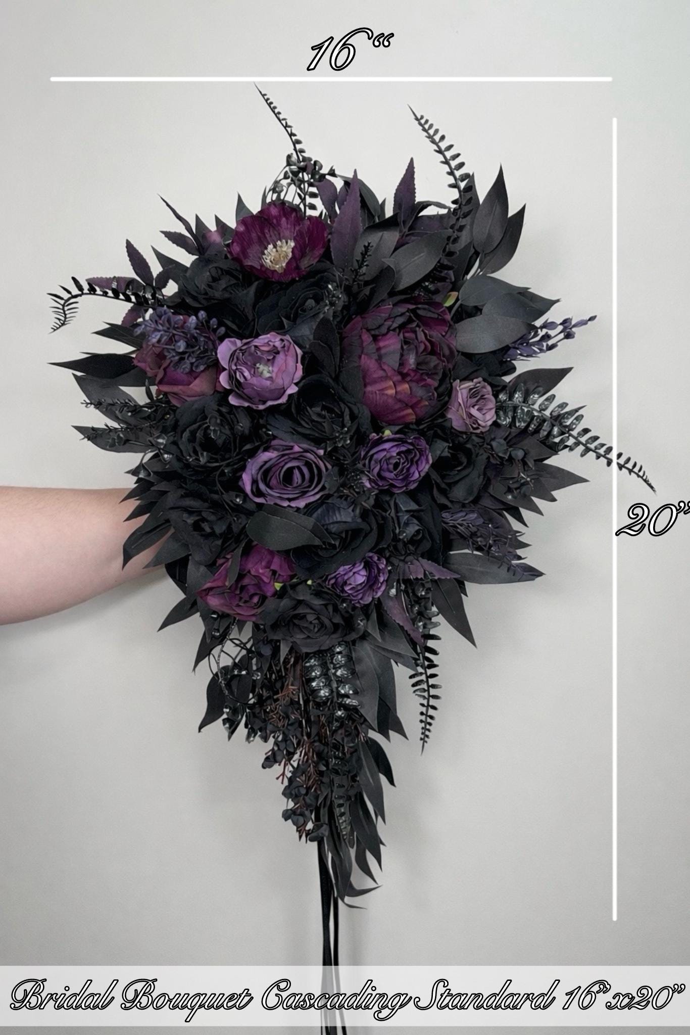 Black Dark Purple Bouquet Wedding Bridal Cascading Gothic Bouquet Black Plum Cascade Bridesmaids Bouquet Peony Eggplant Artificial Flowers
