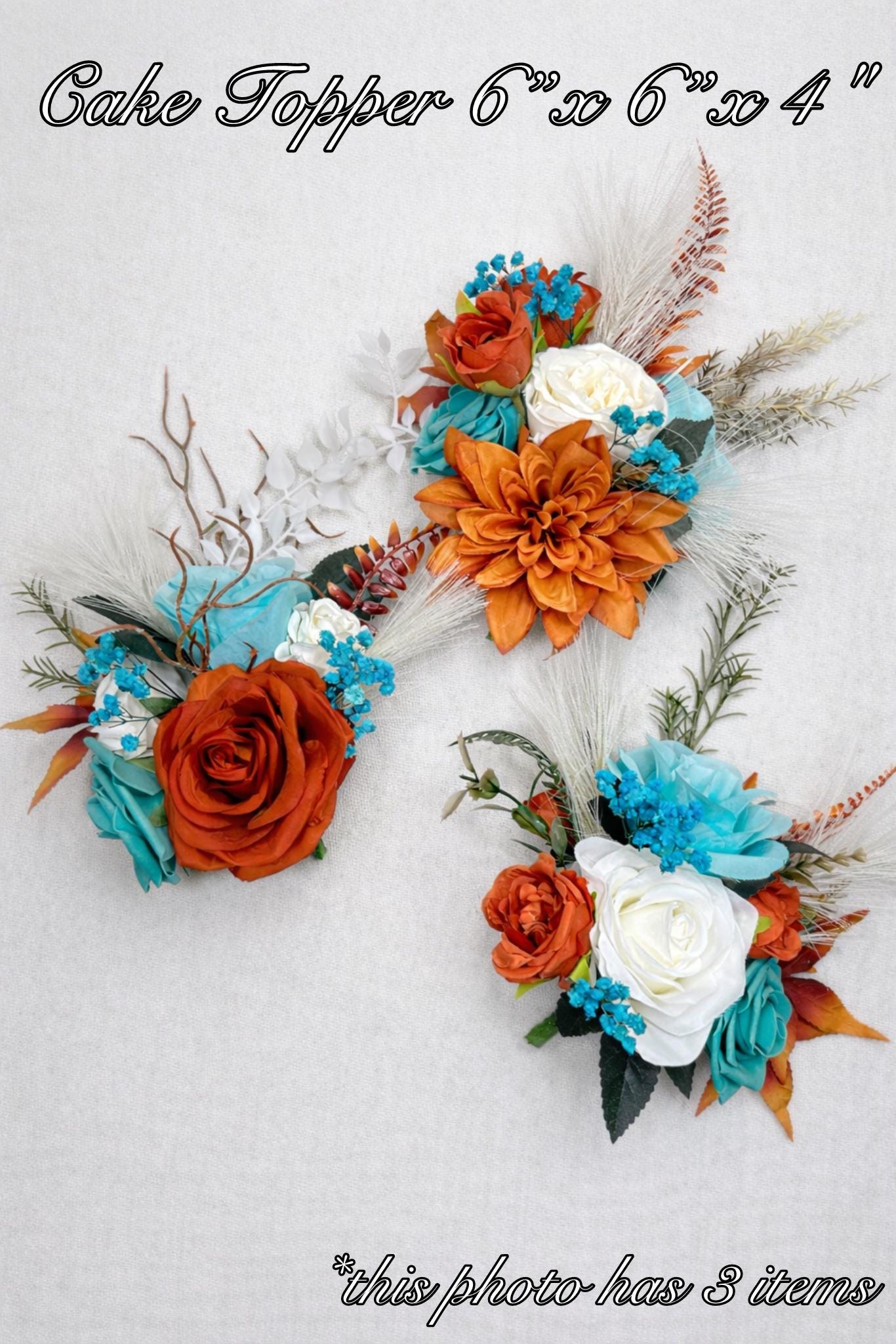 Turquoise and Burnt Orange Wedding Cake Decor Floral Arrangement Rustic Topper