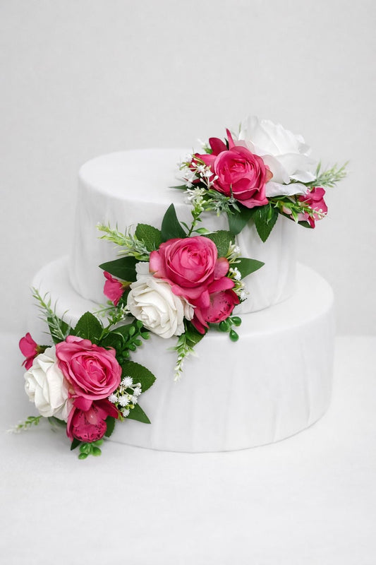 Hot Pink White Cake Decor Wedding Fuchsia Cake Topper Artificial Flowers Orchid Tropical Beach Cake Arrangements Eucalyptus