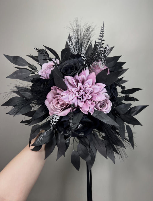 Black Purple Bouquet Wedding Gothic Bridal Bouquet Moody Black Lilac Lavender Bridesmaids Bouquet Silver Artificial Flowers
