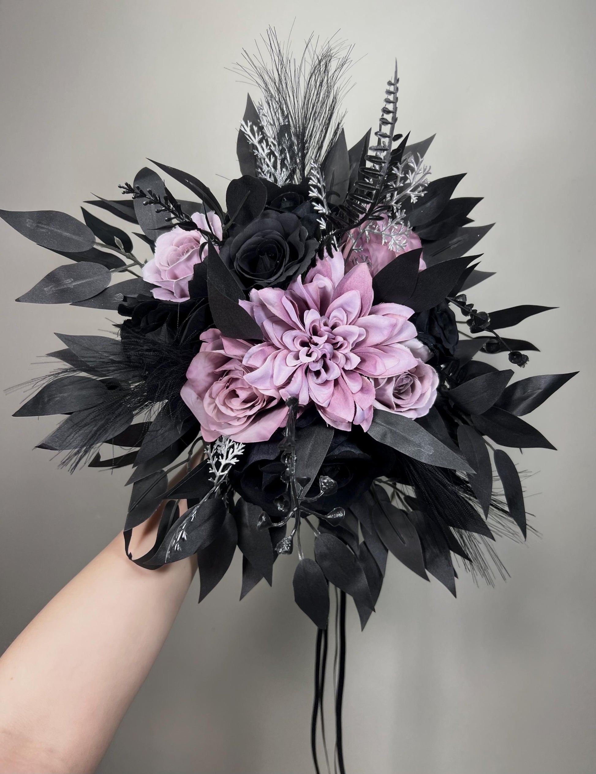 Black Purple Bouquet Wedding Gothic Bridal Bouquet Moody Black Lilac Lavender Bridesmaids Bouquet Silver Artificial Flowers