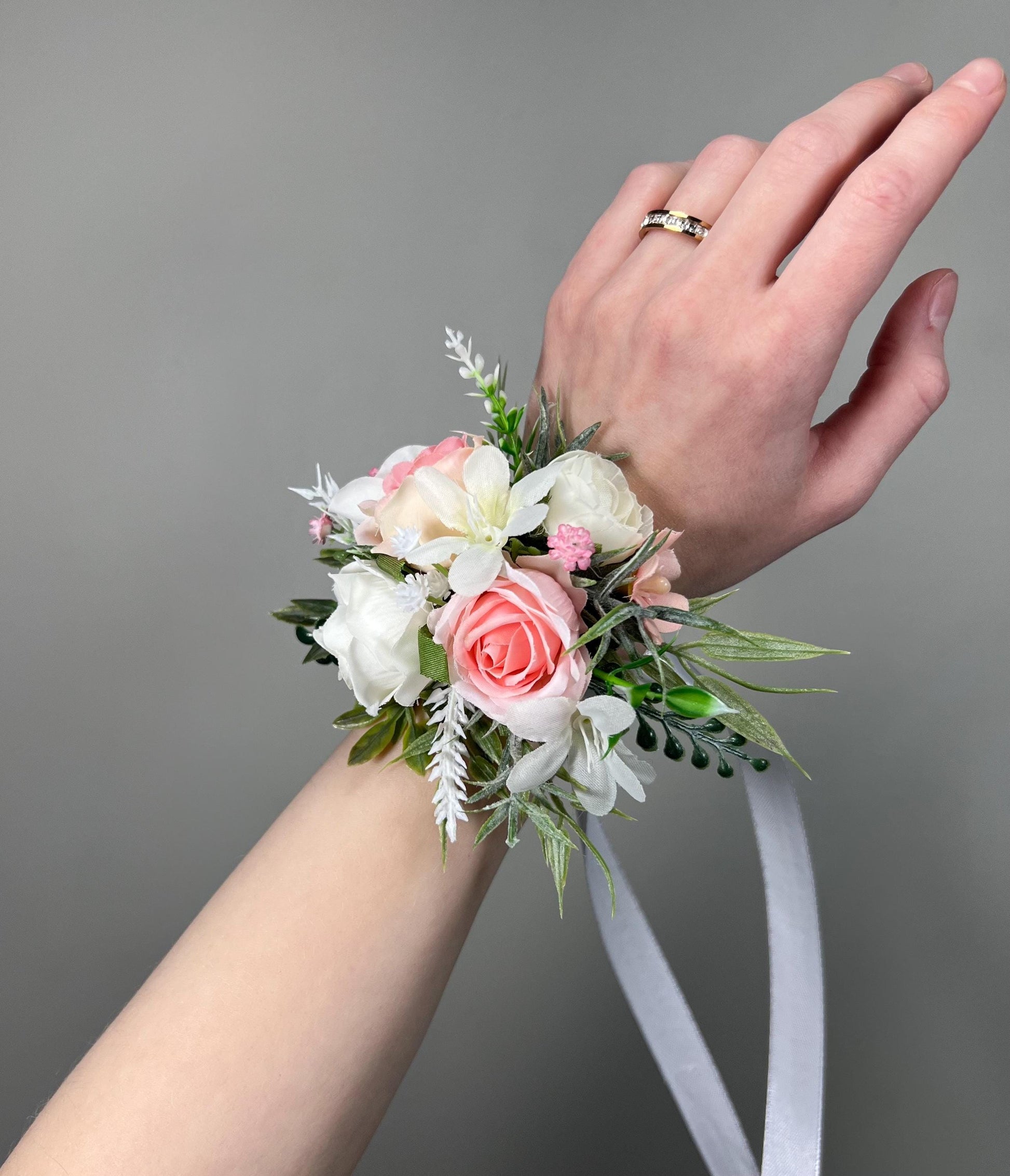 White Pink Corsage Wedding Blush Wrist Corsage Wild Flowers Bridesmaids Dusty Rose Ivory Rustic Peach Pink Corsage Prom Artificial Flowers