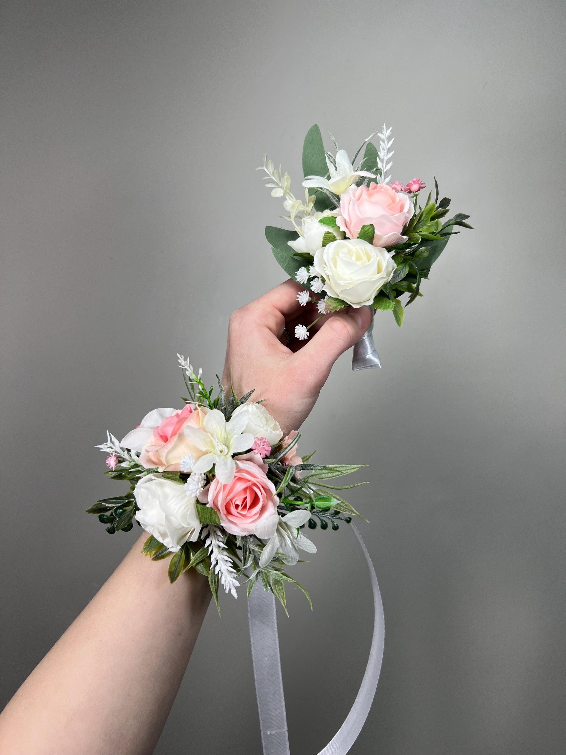 White Pink Corsage Wedding Blush Wrist Corsage Wild Flowers Bridesmaids Dusty Rose Ivory Rustic Peach Pink Corsage Prom Artificial Flowers