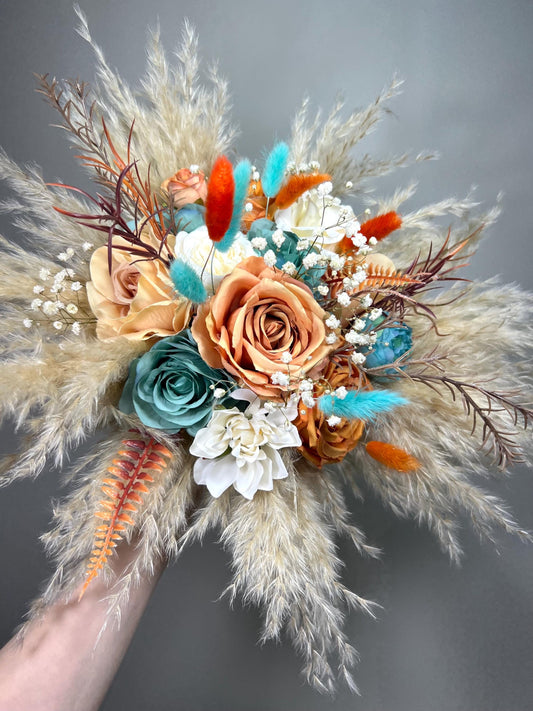 Terracotta Turquoise Bouquet Wedding Boho Bridal Burnt Orange Teal Blue Pampas Grass Bouquet Bridesmaids Baby Breath Artiricial Flowers
