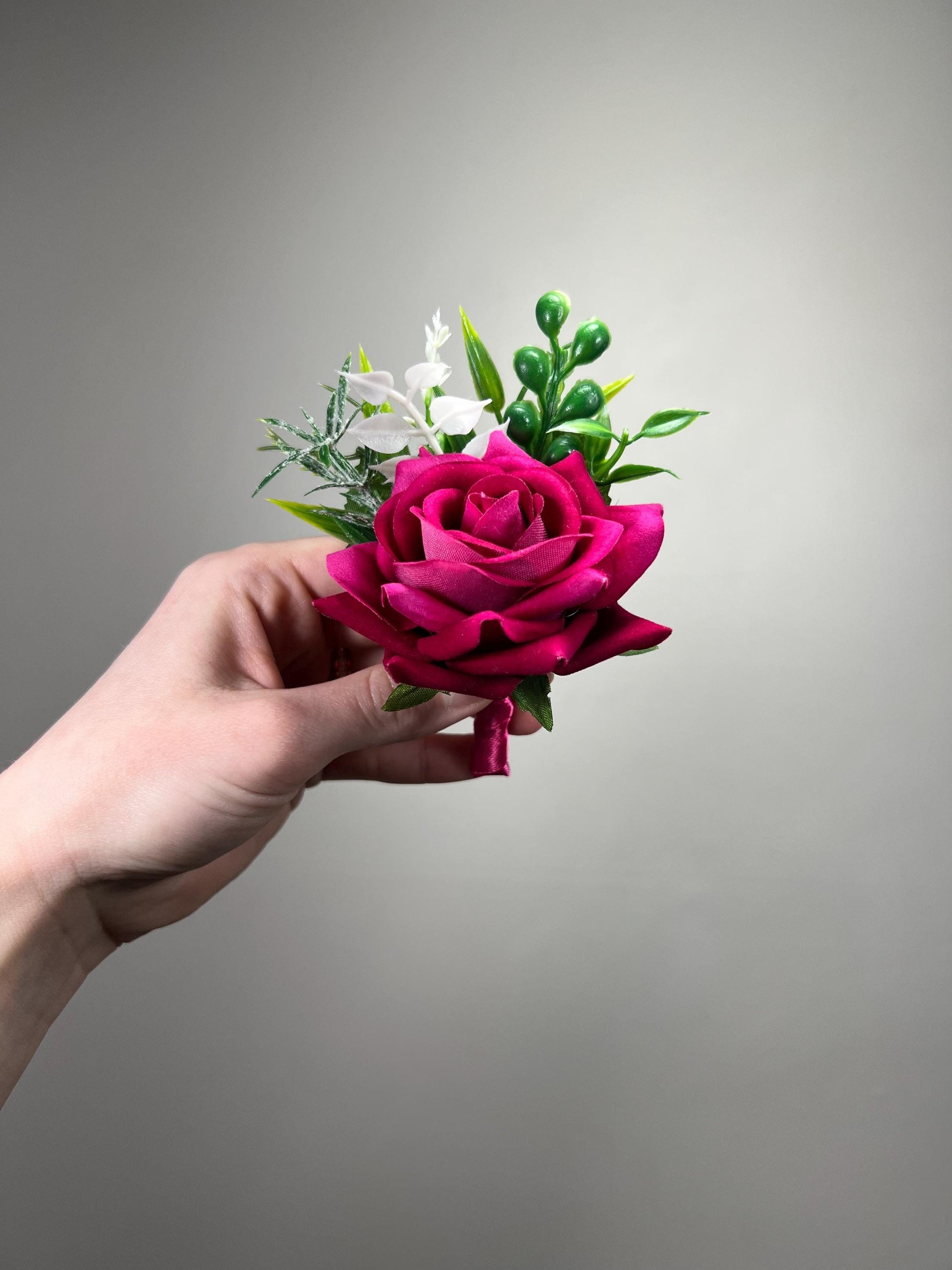 Hot Pink Boutonnière Wedding Fuchsia Groom Boutonniere Groomsmen Magenta Deep Pink Rose Prom Men Accessories Lapel Artificial