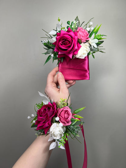 Hot Pink Corsage Wedding Fuchsia White Deep Pink Dark Wrist Corsage Bridesmaids Prom Magenta Rustic Corsage Baby Breath Artficial Flowers