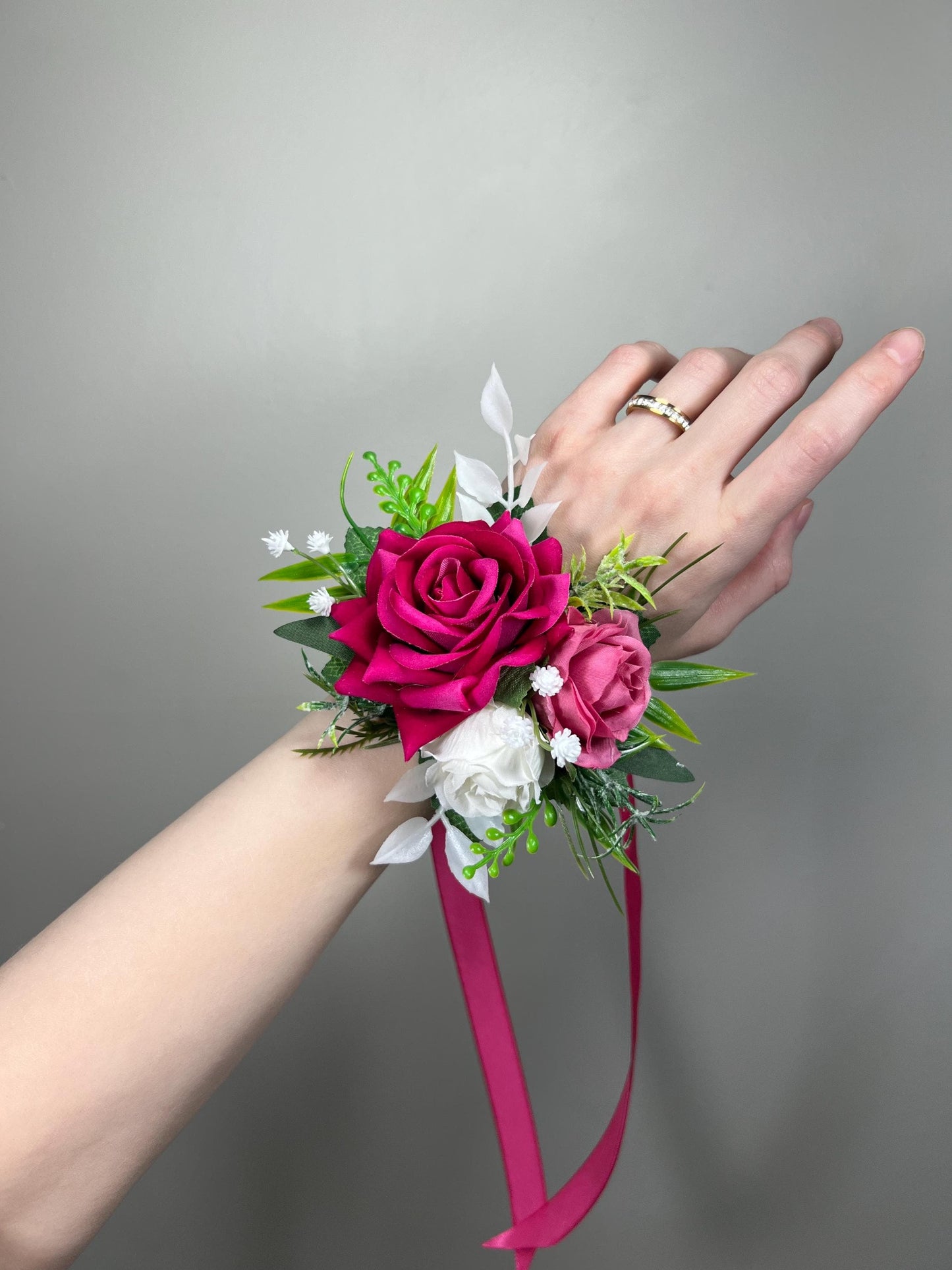 Hot Pink Corsage Wedding Fuchsia White Deep Pink Dark Wrist Corsage Bridesmaids Prom Magenta Rustic Corsage Baby Breath Artficial Flowers