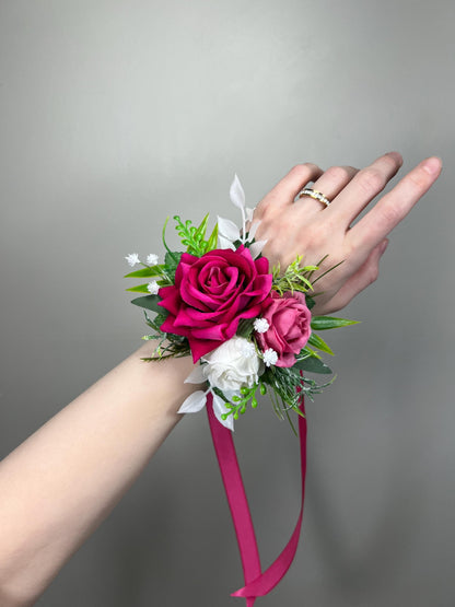 Hot Pink Corsage Wedding Fuchsia White Deep Pink Dark Wrist Corsage Bridesmaids Prom Magenta Rustic Corsage Baby Breath Artficial Flowers