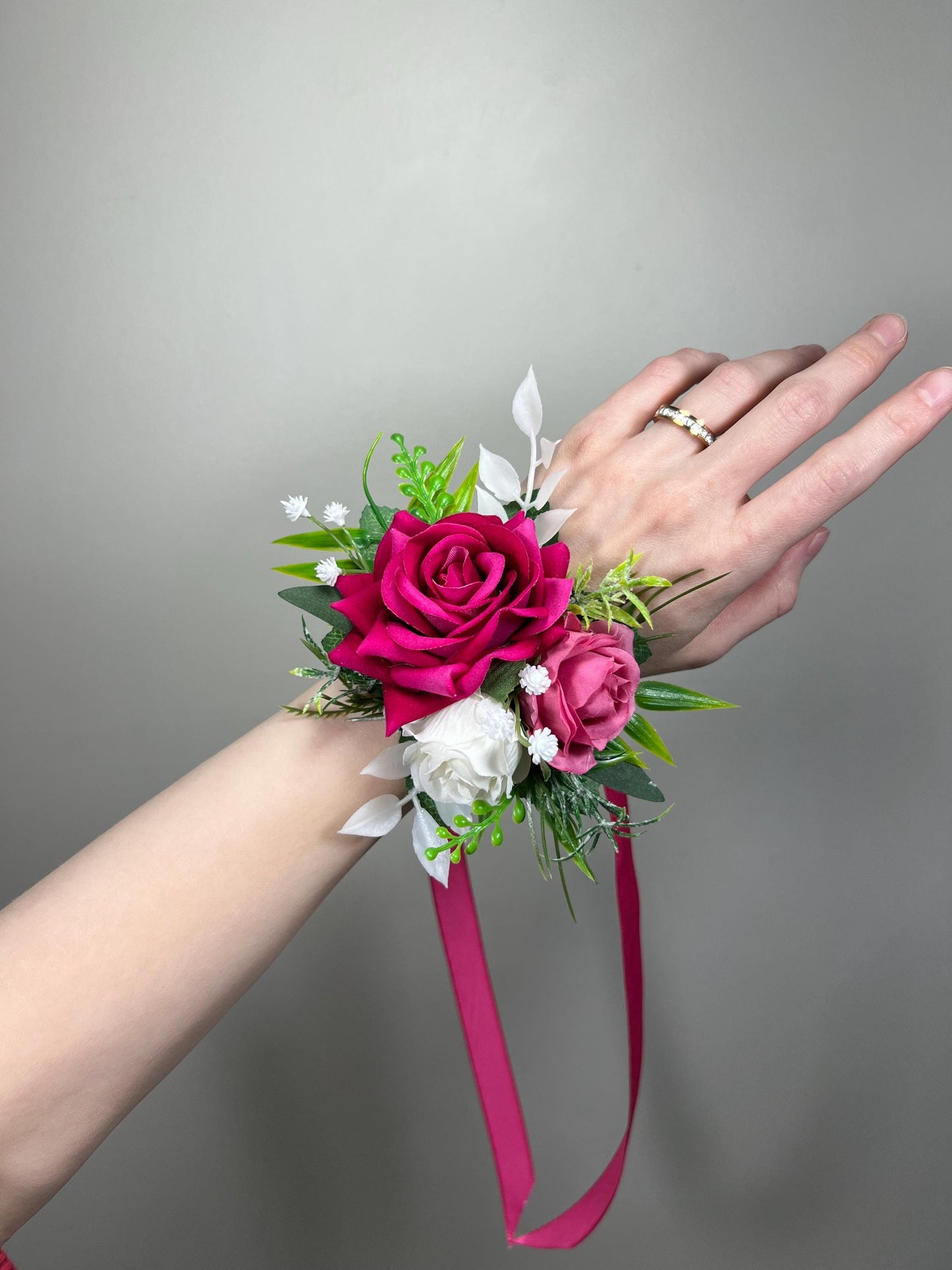 Hot Pink Corsage Wedding Fuchsia White Deep Pink Dark Wrist Corsage Bridesmaids Prom Magenta Rustic Corsage Baby Breath Artficial Flowers