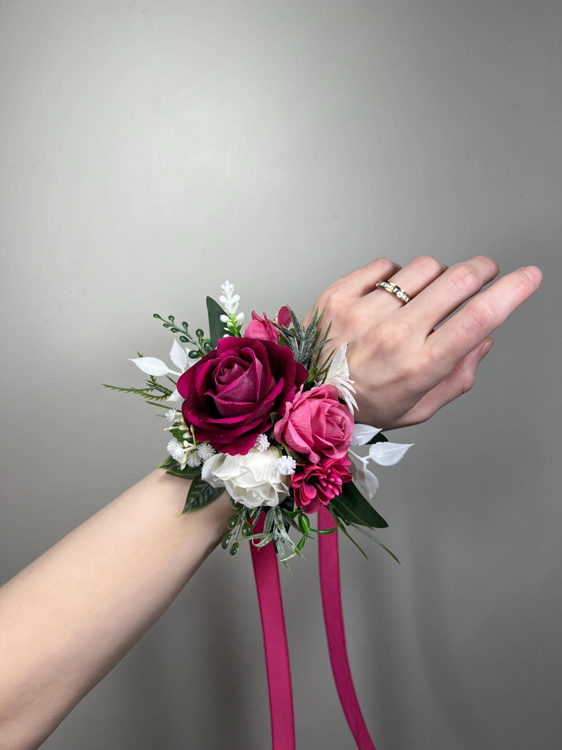 Fuchsia Corsage Wedding White Hot Pink Wrist Corsage Bridesmaids Magenta Raspberry Rose Prom Corsage Greenery Artificial Flowers