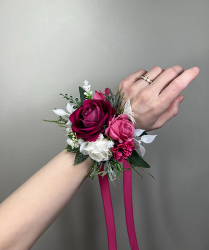 Fuchsia Corsage Wedding White Hot Pink Wrist Corsage Bridesmaids Magenta Raspberry Rose Prom Corsage Greenery Artificial Flowers Reddit