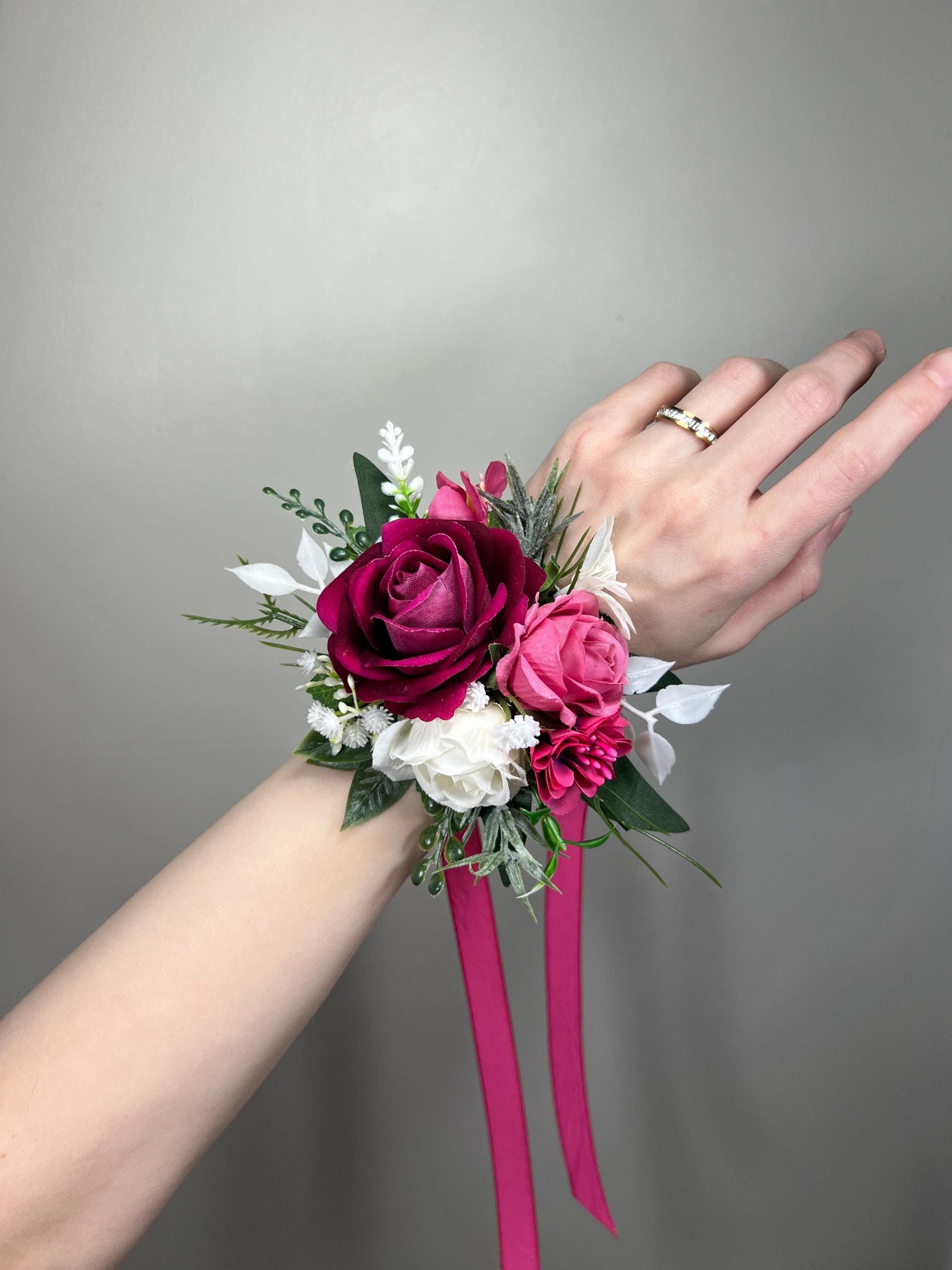 Fuchsia Corsage Wedding White Hot Pink Wrist Corsage Bridesmaids Magenta Raspberry Rose Prom Corsage Greenery Artificial Flowers
