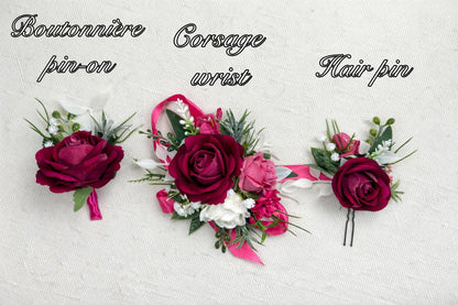 Raspberry Boutonnière Wedding Groom Fuchsia Groomsmen Dark Pink Deep Rose White Prom Boutonniere Lapel Men Accessories Artificial Flowers