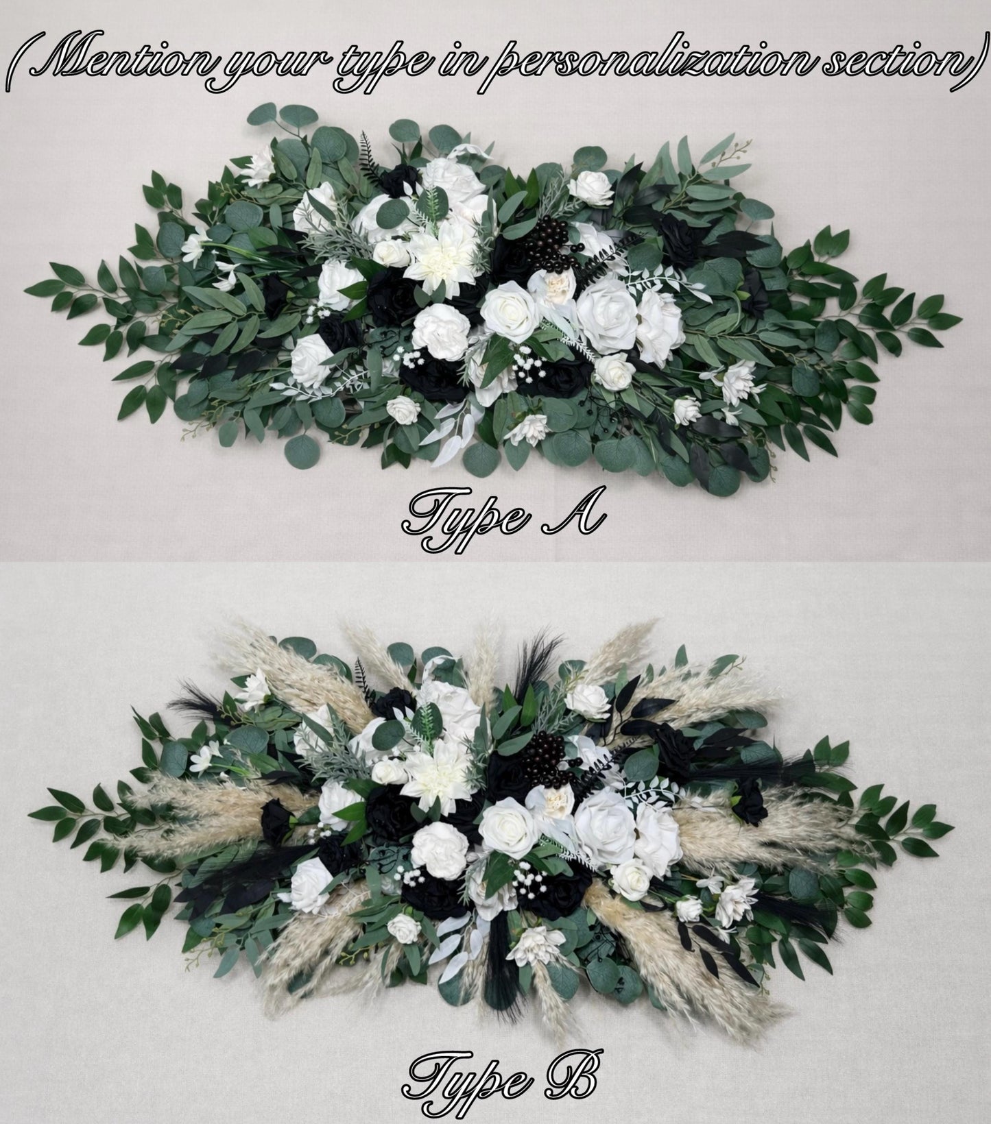 White and Black Arch Arrangement Pampas Grass Wedding Arbor Ties Arrangement Black Ivory Eucalyptus Greenery Boho Backdrop Artificial Flower