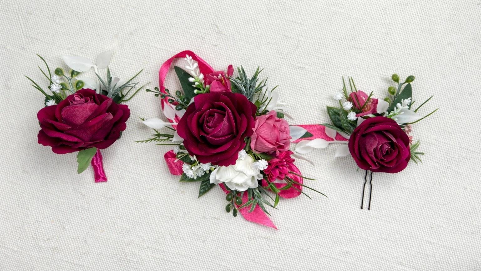 Hot Pink White Bouquet Wedding Bridal Fuchsia Ivory Bridesmaids Bouquet Magenta Ranunculus Pink Baby Breath Eucalyptus Artificial Flowers