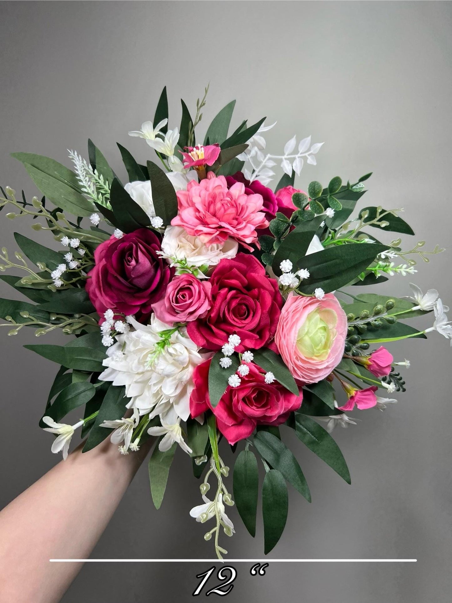 Hot Pink White Bouquet Wedding Bridal Fuchsia Ivory Bridesmaids Bouquet Magenta Ranunculus Pink Baby Breath Eucalyptus Artificial Flowers