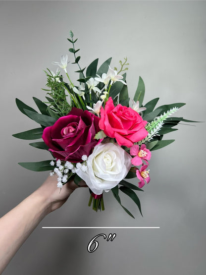 Hot Pink White Bouquet Wedding Bridal Fuchsia Ivory Bridesmaids Bouquet Magenta Ranunculus Pink Baby Breath Eucalyptus Artificial Flowers