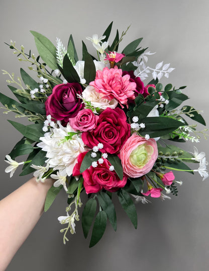 Hot Pink White Bouquet Wedding Bridal Fuchsia Ivory Bridesmaids Bouquet Magenta Ranunculus Pink Baby Breath Eucalyptus Artificial Flowers