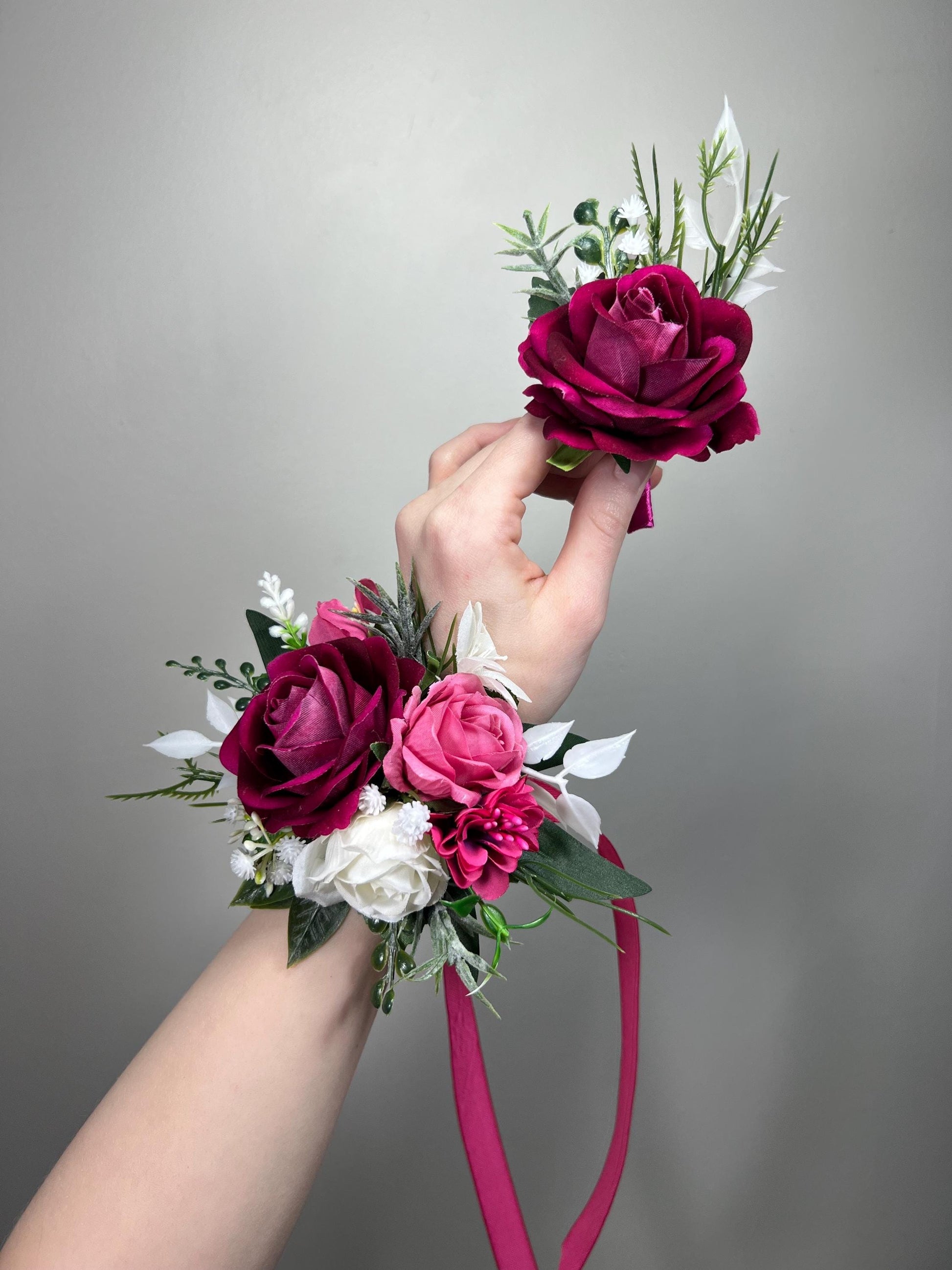 Hot Pink White Bouquet Wedding Bridal Fuchsia Ivory Bridesmaids Bouquet Magenta Ranunculus Pink Baby Breath Eucalyptus Artificial Flowers