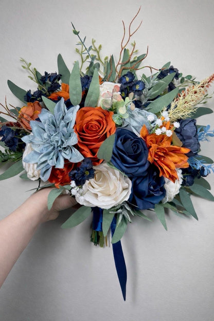 Orange Dusty Blue Bouquet White Wedding Bridal Burnt Orange Terracotta Navy Blue Ivory Bridesmaids Bouquet Sage Green Artificial Flowers