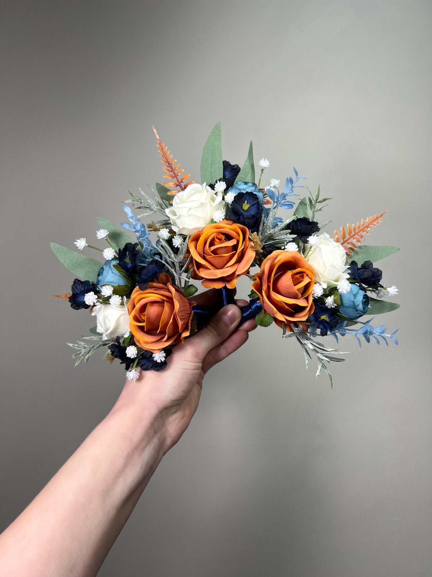 Orange Dusty Blue Bouquet White Wedding Bridal Burnt Orange Terracotta Navy Blue Ivory Bridesmaids Bouquet Sage Green Artificial Flowers