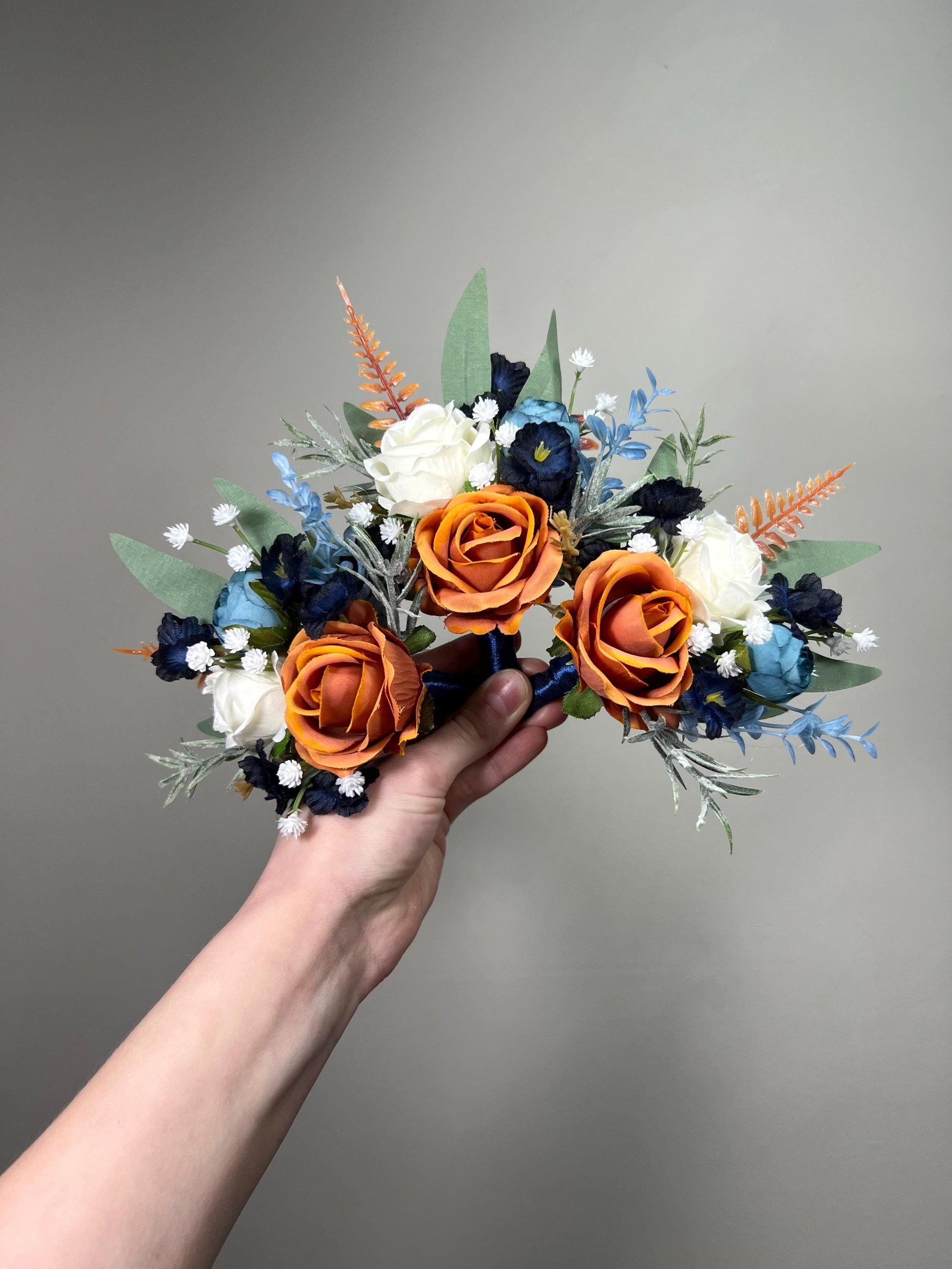 Orange Dusty Blue Bouquet White Wedding Bridal Burnt Orange Terracotta Navy Blue Ivory Bridesmaids Bouquet Sage Green Artificial Flowers
