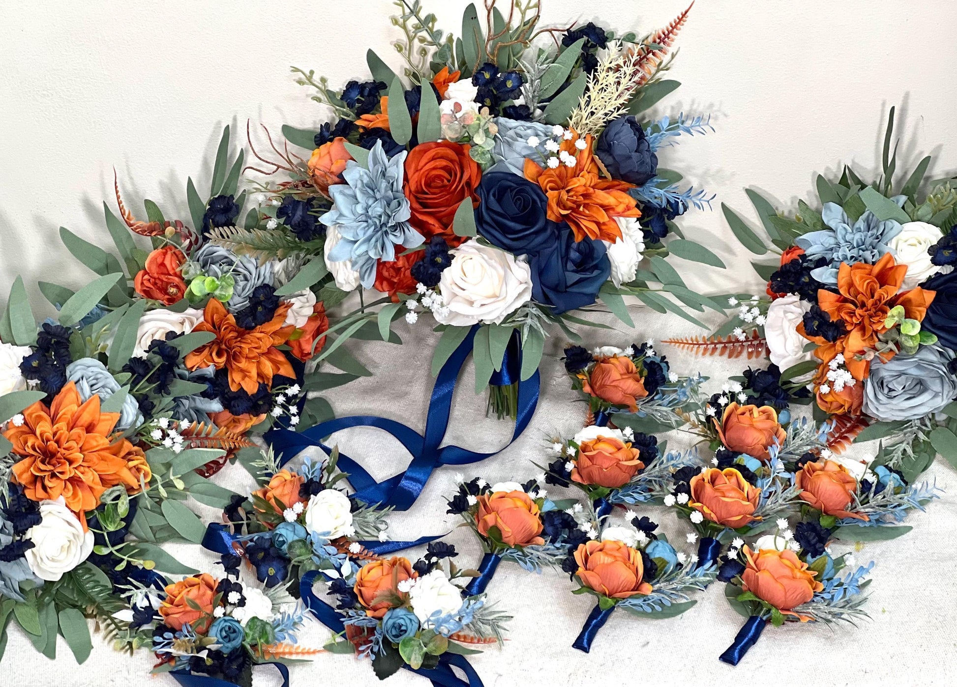 Orange Dusty Blue Bouquet White Wedding Bridal Burnt Orange Terracotta Navy Blue Ivory Bridesmaids Bouquet Sage Green Artificial Flowers