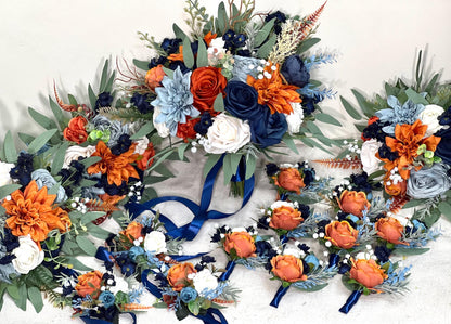 Orange Dusty Blue Bouquet White Wedding Bridal Burnt Orange Terracotta Navy Blue Ivory Bridesmaids Bouquet Sage Green Artificial Flowers