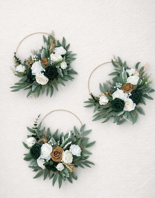 Emerald Green Gold Wedding Hoop White Ivory Hoop Hunter Green Bridesmaids Ring Wreath Flower Girl Hoop Dark Green Gold Flower Hoop