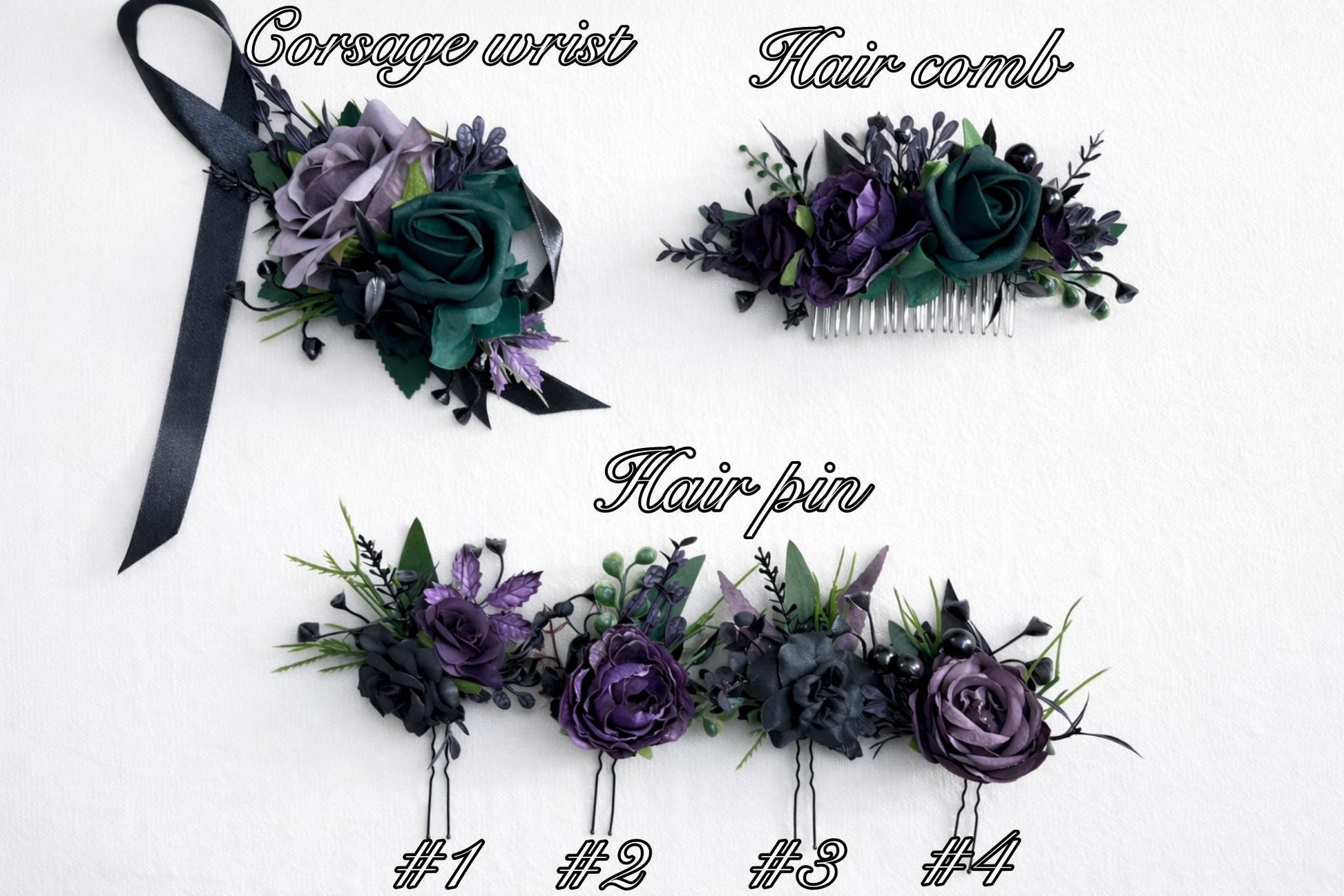 Black Purple Hair Pin Gothic Wedding Hair Accessories Plum Black Dark Green Forest Bridesmaids Hairpiece Dakr Purple Artificial Flowers