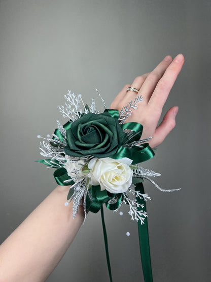 Emerald Green Corsage Wedding White Metallic Silver Hunter Green Dark Wrist Bridesmaids Sparkly Corsage Prom with Ribbon Artificial Flowers