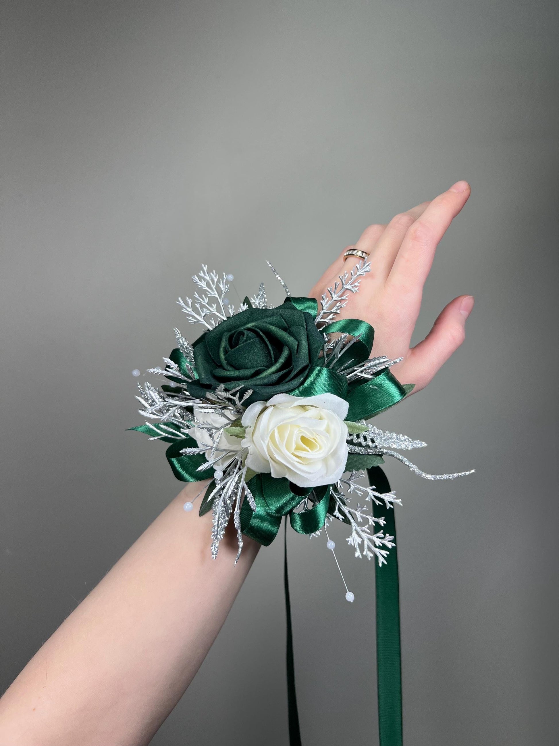 Emerald Green Corsage Wedding White Metallic Silver Hunter Green Dark Wrist Bridesmaids Sparkly Corsage Prom with Ribbon Artificial Flowers